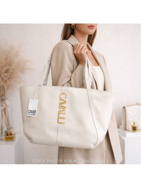 Cavalli Class NWT Logo Tote Bag Cream Faux Leather Gold Hardware Large